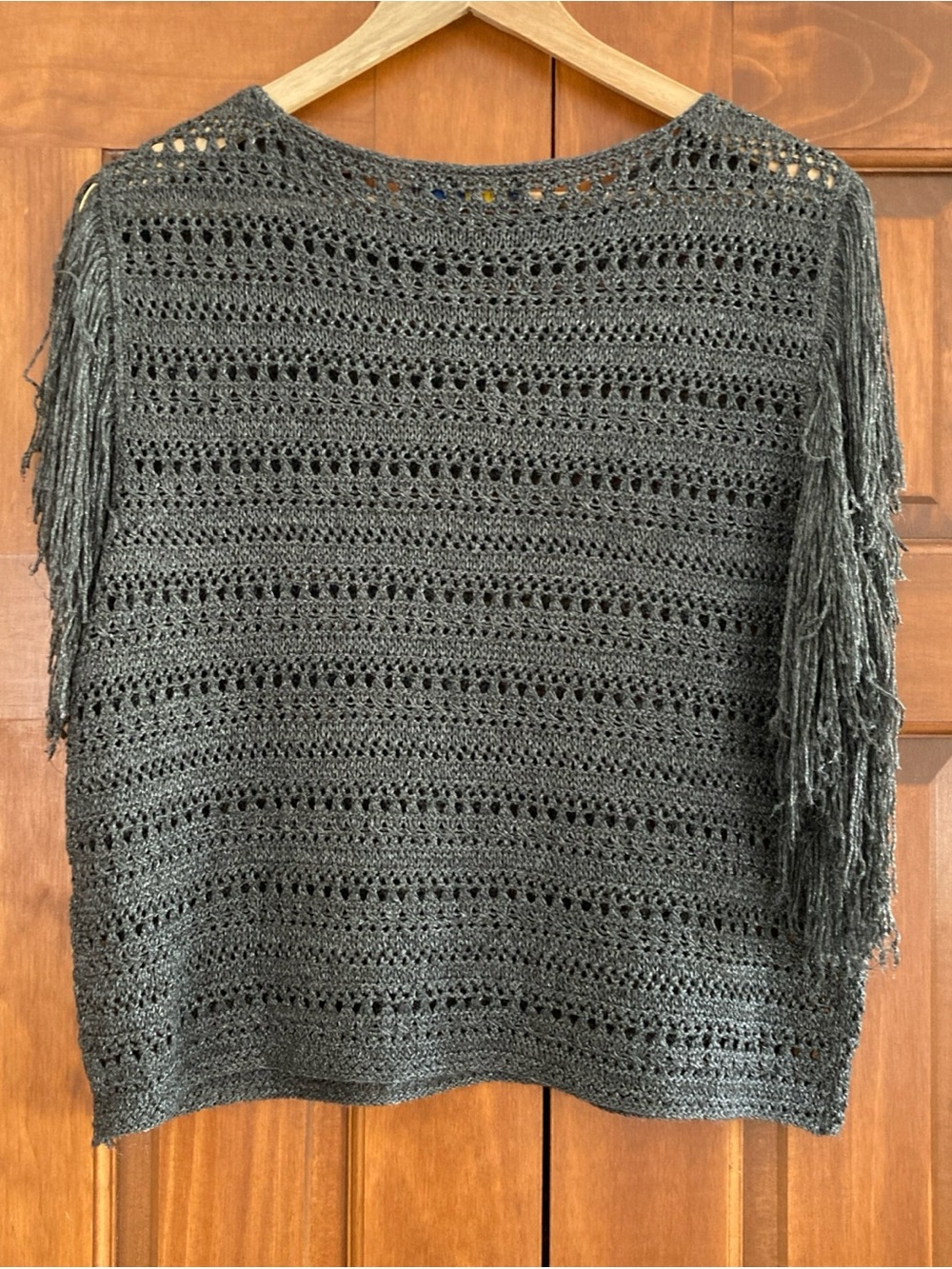 Ralph Lauren Charcoal Open-Knit crochet Fringe Sleeve Crewneck Sweater women’s M - Picture 2 of 5